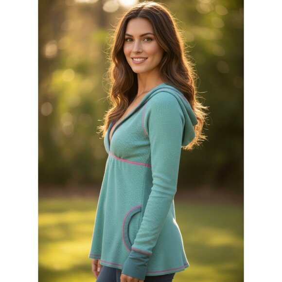 RARE Vtg Free People Hooded Waffle Knit Thermal • Boho Y2K Babydoll Teal Grunge - Picture 5 of 11